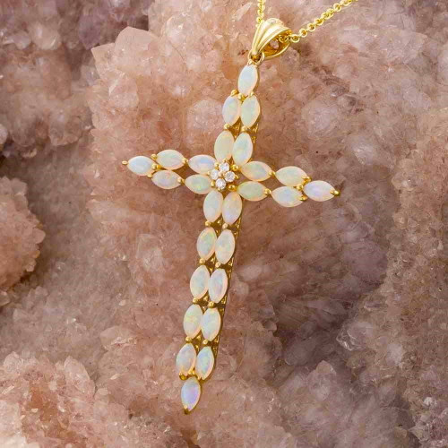 * BLESSED LIFE 14KT YELLOW GOLD & DIAMOND AUSTRALIAN WHITE OPAL NECKLACE