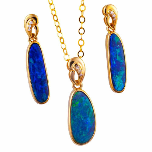 * 1 A MAGICAL GARDEN 14KT YELLOW GOLD & DIAMOND AUSTRALIAN  OPAL JEWELLERY SET