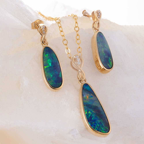 ENCHANTED MOUNTAIN 14KT YELLOW GOLD & DIAMOND AUSTRALIAN  OPAL JEWELLERY SET