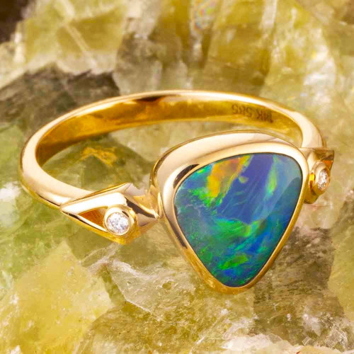 * MAGICAL MOUNTAIN 14KT YELLOW GOLD & DIAMOND AUSTRALIAN OPAL RING