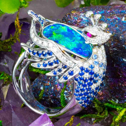 CELESTMERE AURELION 18KT WHITE GOLD & DIAMOND OPAL RING