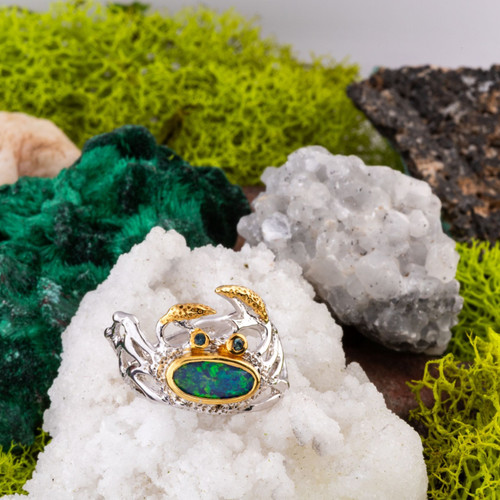 Playful Ocean Sterling Silver Couture Crab Shaped Opal Ring