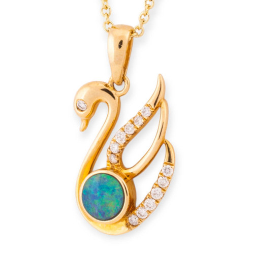 * A Swan Lake 14KT Gold & Diamond Australian Opal Pendant