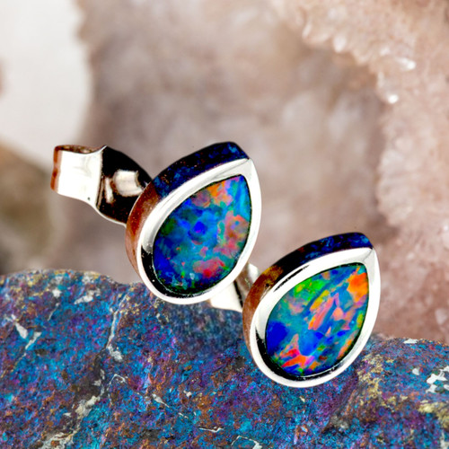 Rainbow Radiance Sterling Silver Opal Stud Earrings
