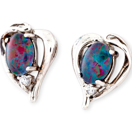 Starlight Glow Heart Shaped Sterling Silver Opal Stud Earrings