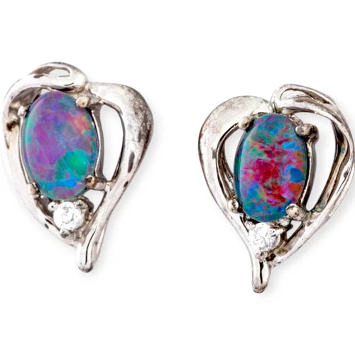 Starlight Glow Heart Shaped Sterling Silver Opal Stud Earrings