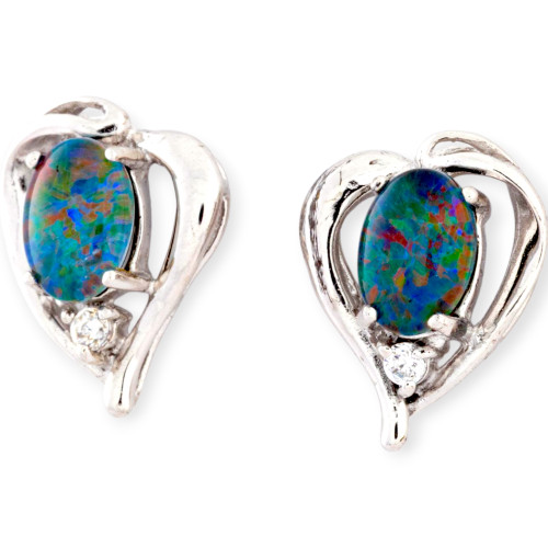 Mystic Glow Heart Shaped Sterling Silver Opal Stud Earrings