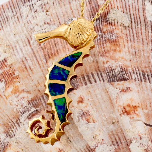 Golden Aquatic Dream 14KT Gold Seahorse Opal Inlay Pendant