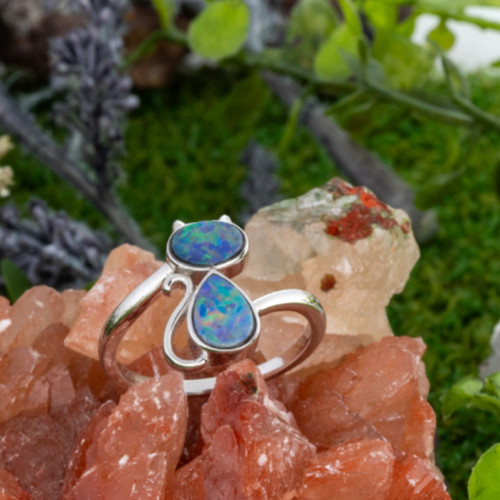  *1 WHIMSICAL PINFIRE CAT OPAL STERLING SILVER RING