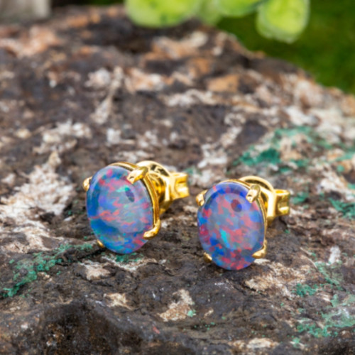  *1 TWILIGHT PINKFIRE OPAL STUDS 18KT GOLD PLATED EARRINGS