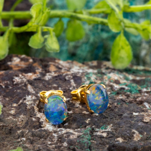 RAINBOW PINKFIRE OPAL STUDS 18KT GOLD PLATED EARRINGS