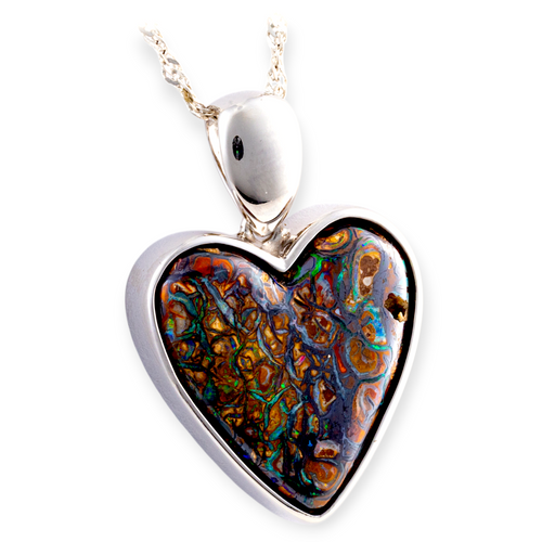  *1 LUMINOUS QUEENSLAND HEART SILVER SOLID BOULDER OPAL PENDANT