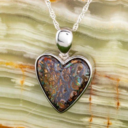 LUMINOUS QUEENSLAND HEART SILVER SOLID BOULDER OPAL PENDANT
