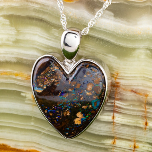 ENCHANTED OUTBACK HEART SILVER SOLID BOULDER OPAL PENDANT