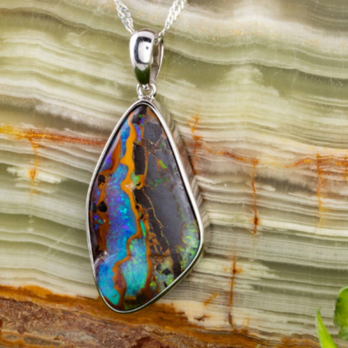 *1 CELESTIAL RAINBOW DANCE LARGE FREEFORM STERLING SILVER OPAL PENDANT