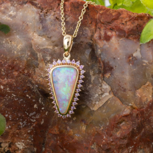 * 1  ARIA PINK CELESTIAL CRYSTAL OPAL GEM 14KT YELLOW GOLD PENDANT