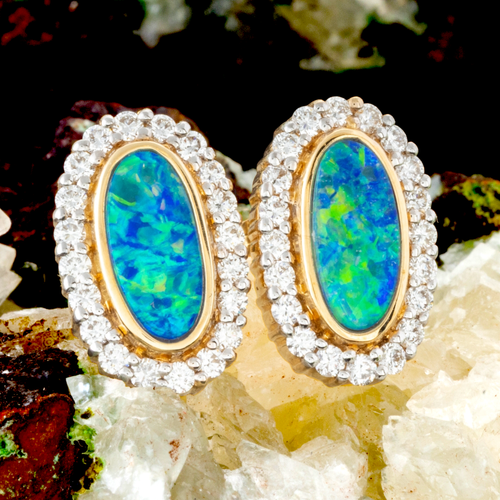 * 1 CELESTIAL AURORA 14KT GOLD & DIAMOND OPAL STUD EARRINGS