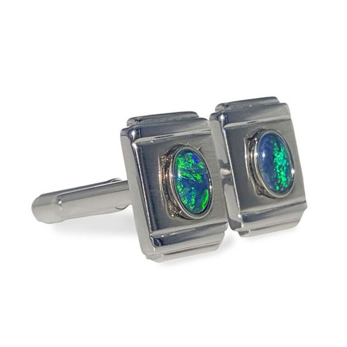 STERLING SILVER & GOLD PLATED OPAL CUFF LINKS WITH GREEN FLASH