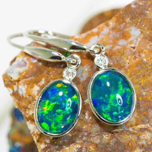 DEEP ROMANCE 14KT WHITE GOLD & DIAMOND AUSTRALIAN OPAL DROP EARRINGS