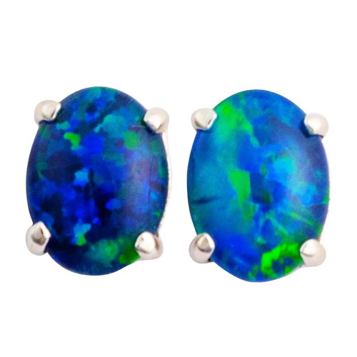 AN OCEAN DROP STERLING SILVER AUSTRALIAN OPAL STUD EARRINGS