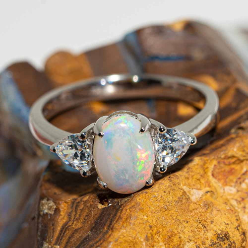 A WINTER SUNSET STERLING SILVER SOLID AUSTRALIAN WHITE OPAL RING