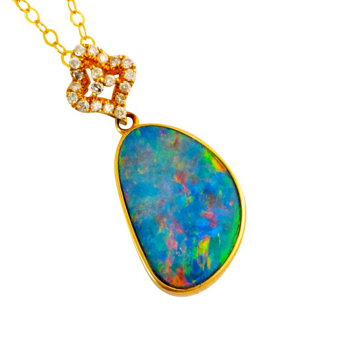 FIRE SUNSHINE 14KT YELLOW GOLD & DIAMOND AUSTRALIAN OPAL NECKLACE