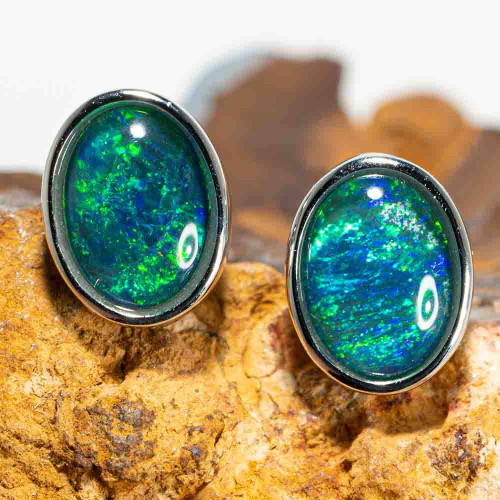 GREEN DREAM STERLING SILVER AUSTRALIAN BLACK OPAL STUD EARRINGS