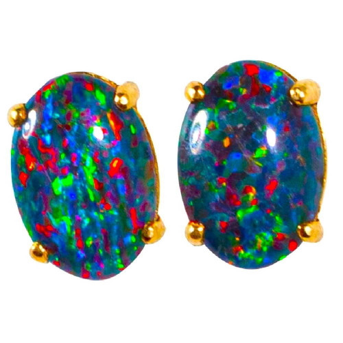 * A SUPER GEM 14KT YELLOW GOLD AUSTRALIAN OPAL STUD EARRINGS