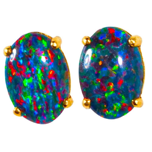* A SUPER GEM 14KT YELLOW GOLD AUSTRALIAN OPAL STUD EARRINGS