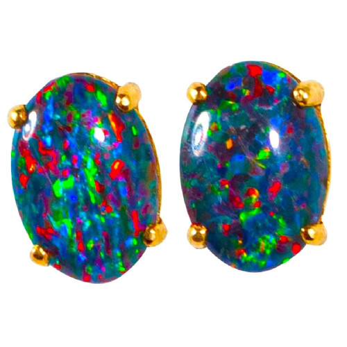 * A SUPER GEM 14KT YELLOW GOLD AUSTRALIAN OPAL STUD EARRINGS