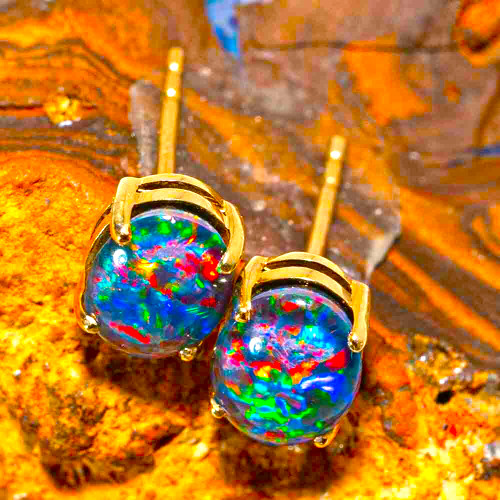 *BRIGHT SUNSET 14KT YELLOW GOLD AUSTRALIAN OPAL STUD EARRINGS