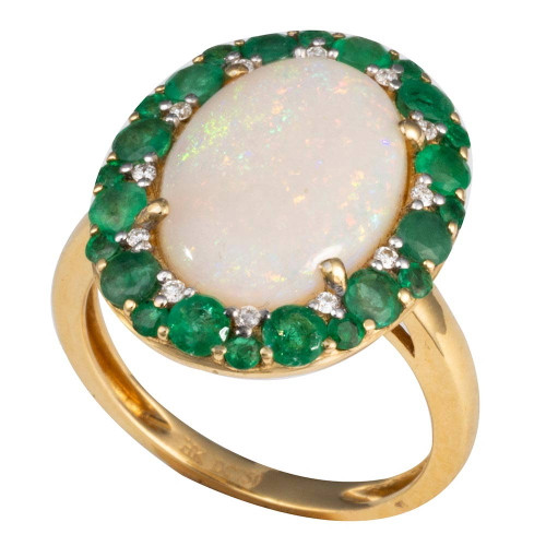DEEP ROOTS 14KT GOLD EMERALD & DIAMOND AUSTRALIAN OPAL RING
