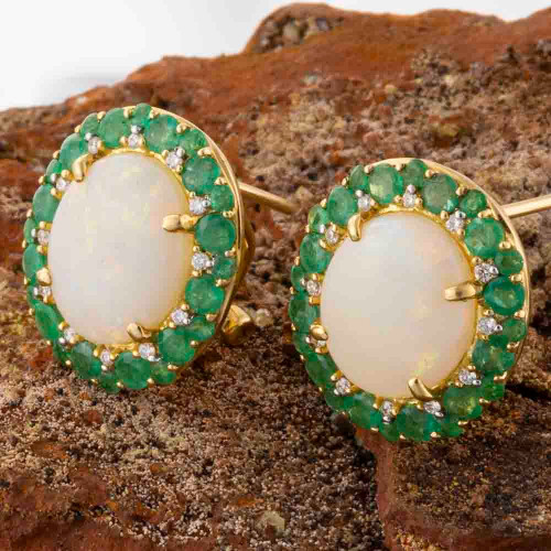 * DEEP ROOTS 14KT GOLD DIAMOND & EMERALD AUSTRALIAN OPAL EARRINGS
