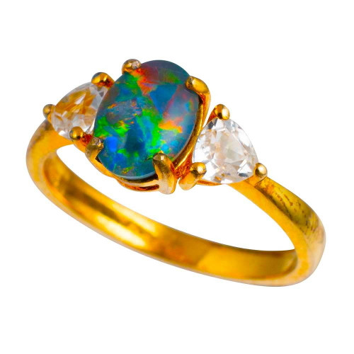 SUNRISE SPLASH 18KT YELLOW GOLD PLATED & WHITE TOPAZ AUSTRALIAN OPAL RING