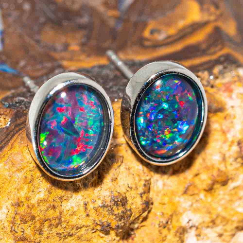 A LUXE STERLING SILVER AUSTRALIAN OPAL STUD EARRINGS
