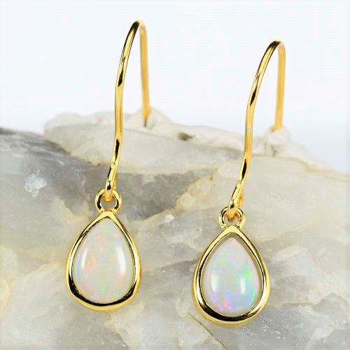 *A SUPREME GOLD PLATED AUSTRALIAN WHITE OPAL DROP EARRINGS