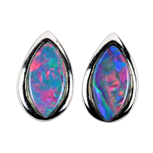 *A RAINBOW FANTASY STERLING SILVER AUSTRALIAN BLACK OPAL STUD EARRINGS