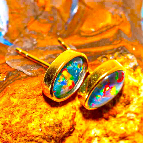 RAINBOW SUPREME 18KT YELLOW GOLD PLATED AUSTRALIAN OPAL STUD EARRINGS