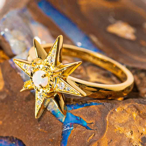 LUCKY STAR 18KT YELLOW GOLD PLATED AUSTRALIAN WHITE OPAL RING
