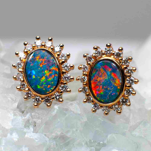 BRIGHT SUMMER PARADISE 14KT ROSE GOLD & DIAMOND AUSTRALIAN OPAL STUD EARRINGS