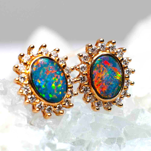 BRIGHT SUMMER PARADISE 14KT ROSE GOLD & DIAMOND AUSTRALIAN OPAL STUD EARRINGS
