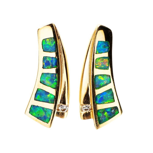 *A GOLD LAKE 14KT YELLOW GOLD & DIAMOND AUSTRALIAN OPAL DROP EARRINGS