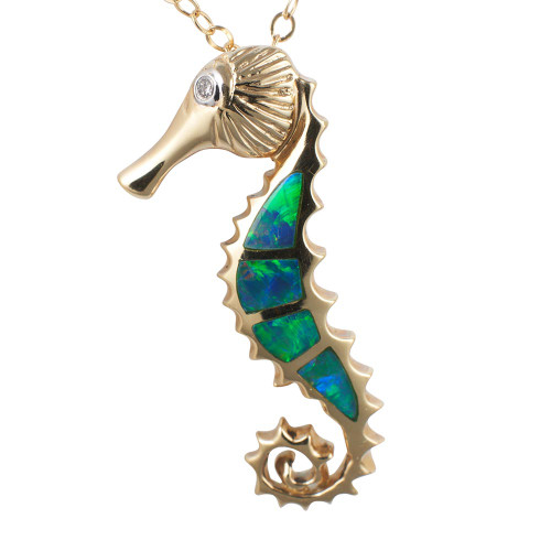 * LUCKY SEA HORSE 14KT YELLOW GOLD & DIAMOND AUSTRALIAN OPAL NECKLACE