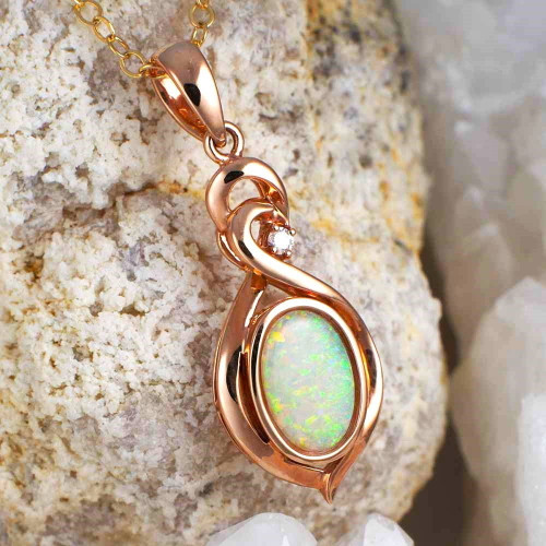 * A LOVING MOMENT 14KT ROSE GOLD & DIAMOND AUSTRALIAN WHITE OPAL NECKLACE