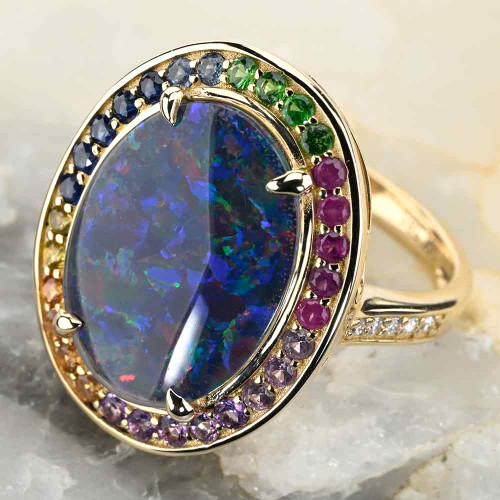 JAWBREAKER 14KT YELLOW GOLD & DIAMOND AUSTRALIAN OPAL RING