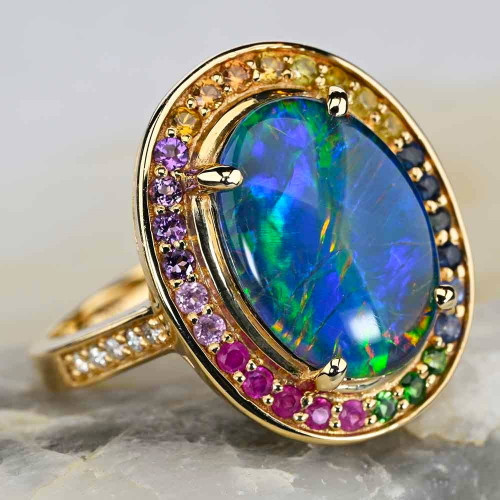 CHERRY ON TOP 14KT YELLOW GOLD & DIAMOND AUSTRALIAN OPAL RING