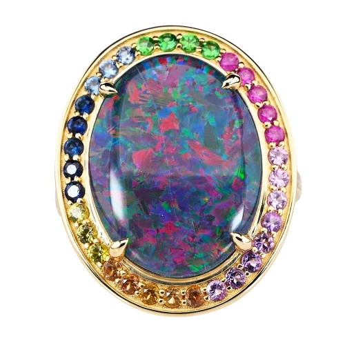 FROSTING 14KT YELLOW GOLD & DIAMOND AUSTRALIAN OPAL RING
