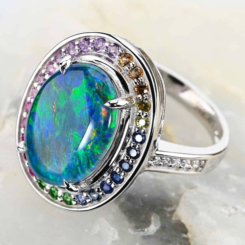 SUGARCOATED 14KT WHITE GOLD & DIAMOND AUSTRALIAN OPAL RING