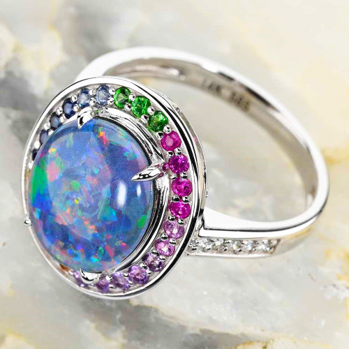 BIRTHDAY CAKE 14KT WHITE GOLD & DIAMOND AUSTRALIAN OPAL RING
