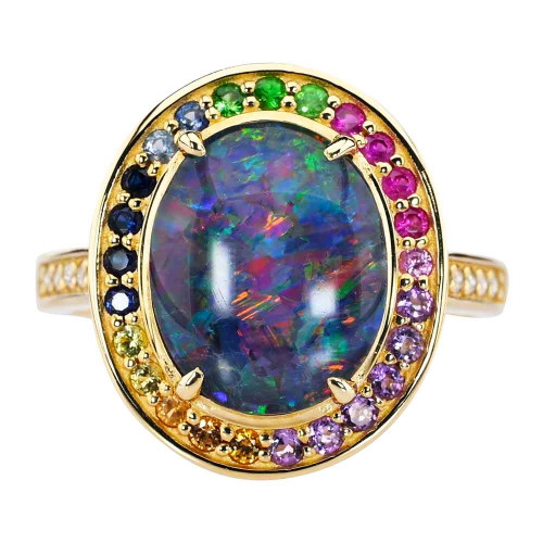* 1 VISIONARY 14KT YELLOW GOLD & DIAMOND AUSTRALIAN OPAL RING